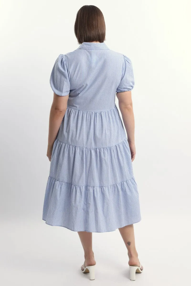 Any Day Wear Travel Light Blue Stripe Shirt Dress Short Sleeve Tiered
