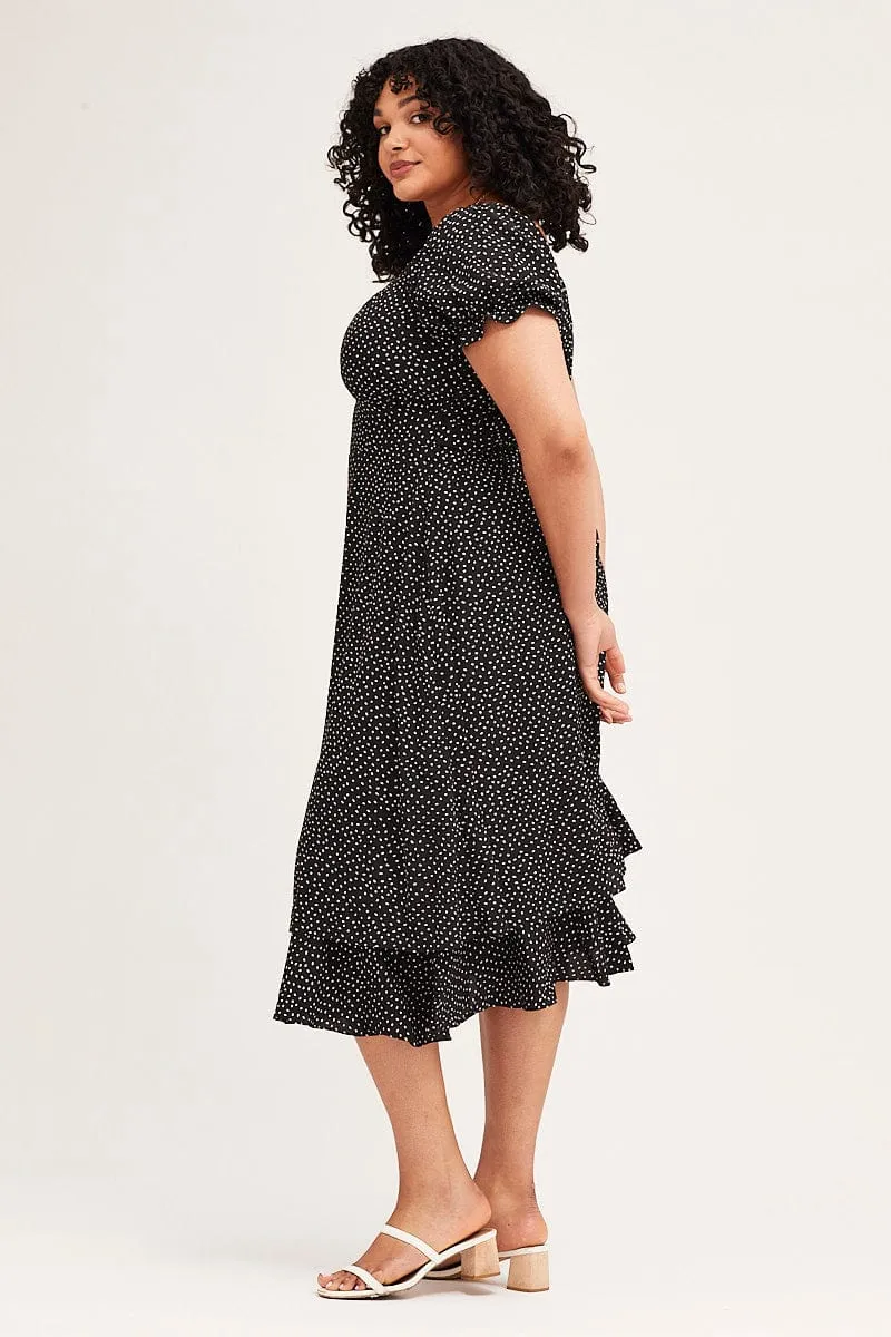 Free Movement Minimalist Design Polka Dot Short Sleeve Tie Back Midi Dress