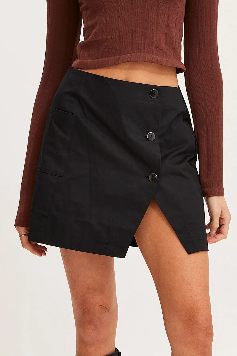 Minimal Style Elastic hem Black Mini Skirt High Rise Button Down