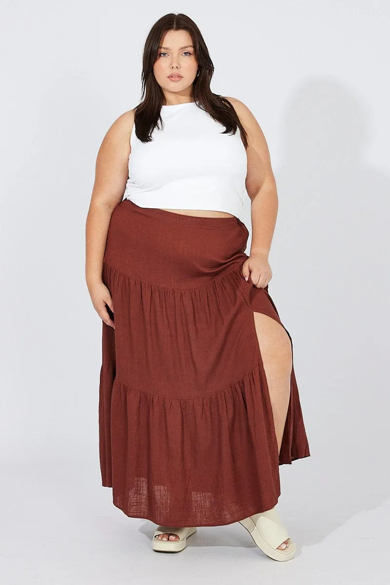 Brown Maxi Skirt Linen Blend Split Reimagined Classic