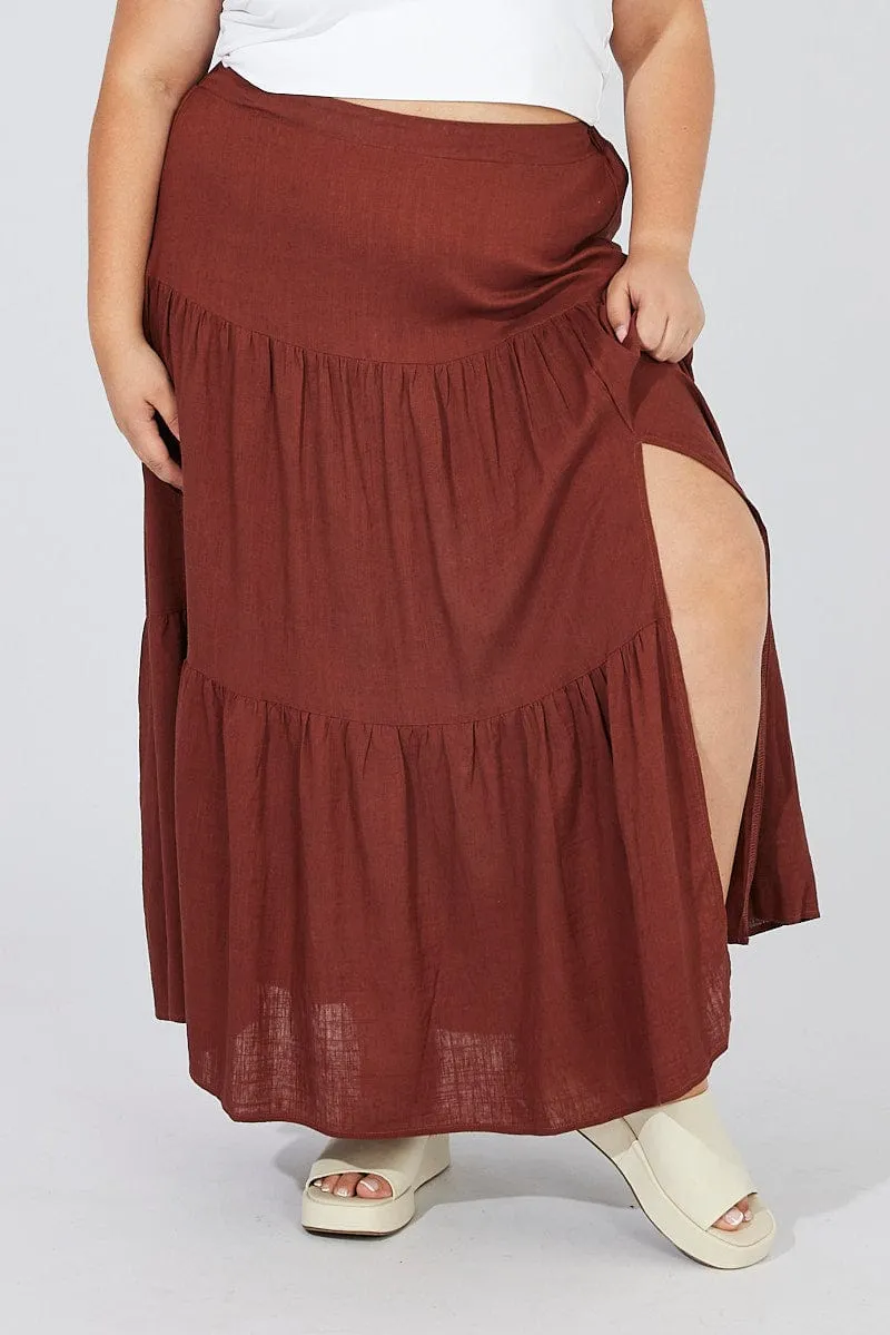 Brown Maxi Skirt Linen Blend Split Tapered Cut Weekend Fashion