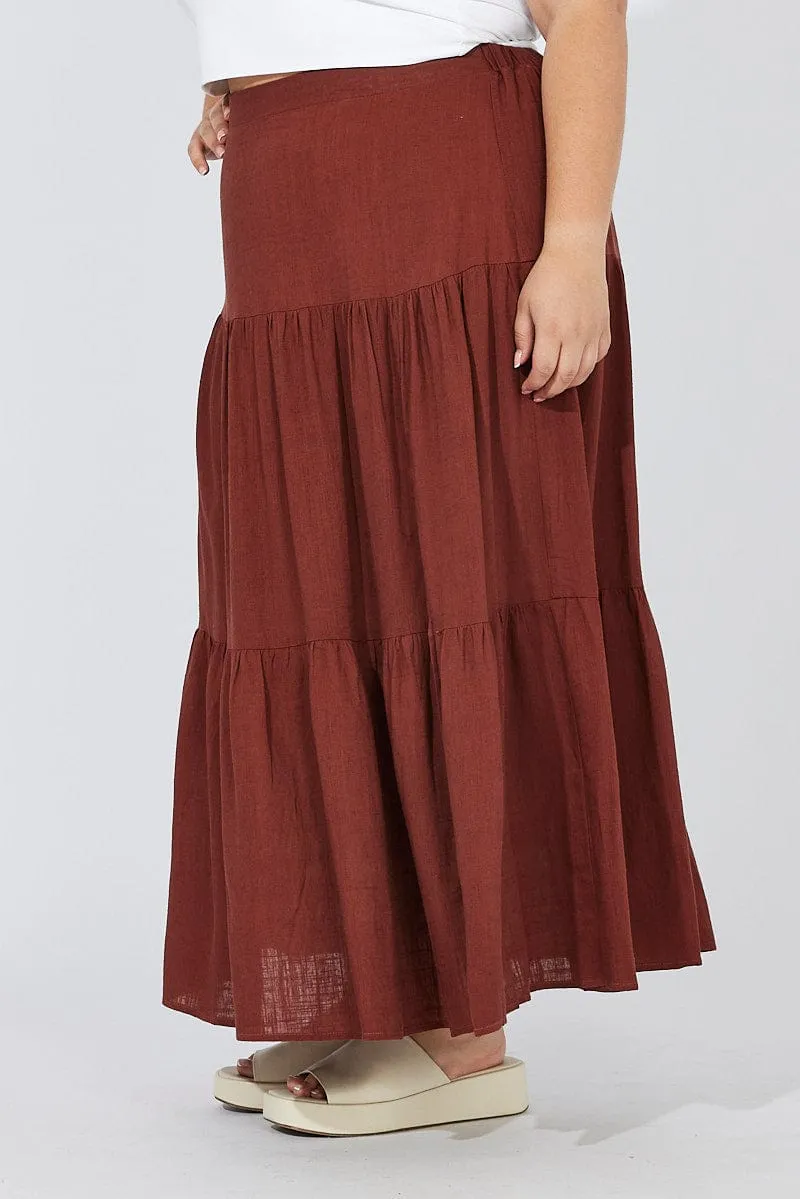 Minimalist Trim Crafted Detail Brown Maxi Skirt Linen Blend Split