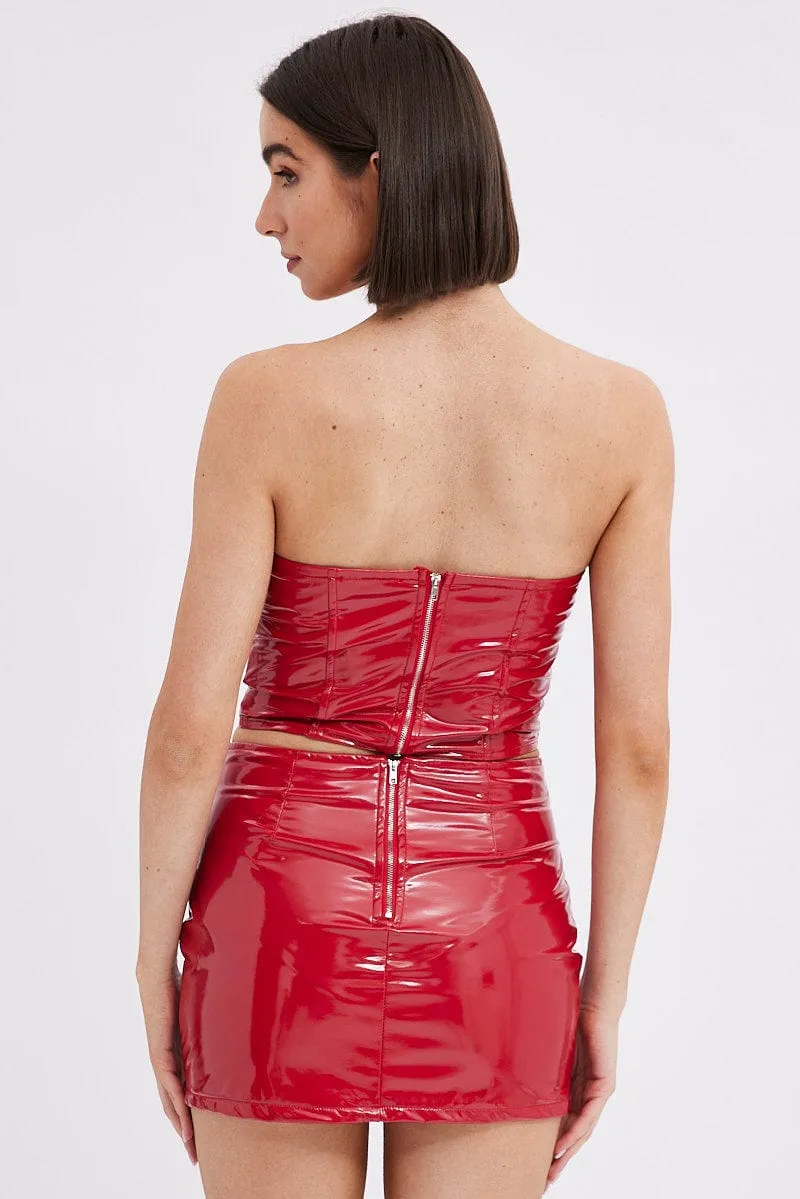 Tea length Classic Touch Red Mini Skirt Mid Rise PU Patent Faux Leather