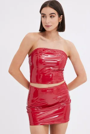 Red Mini Skirt Mid Rise PU Patent Faux Leather High Elasticity Material light feel