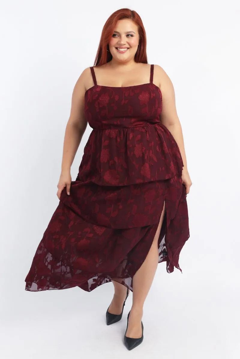 rooftop party Fashion Essential Red Midi Dress Sleeveless Tiered Jacquard