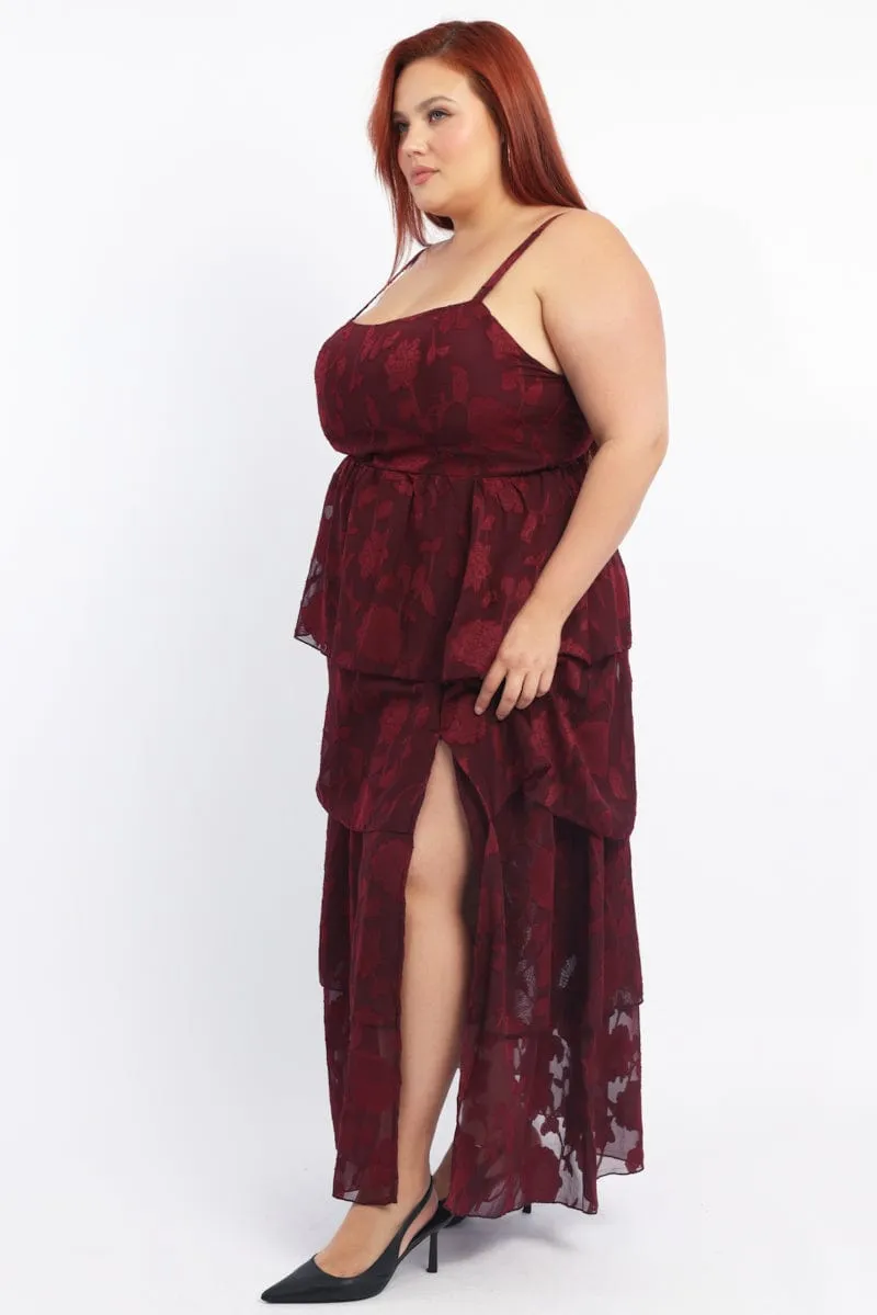 Metro Stop Red Midi Dress Sleeveless Tiered Jacquard