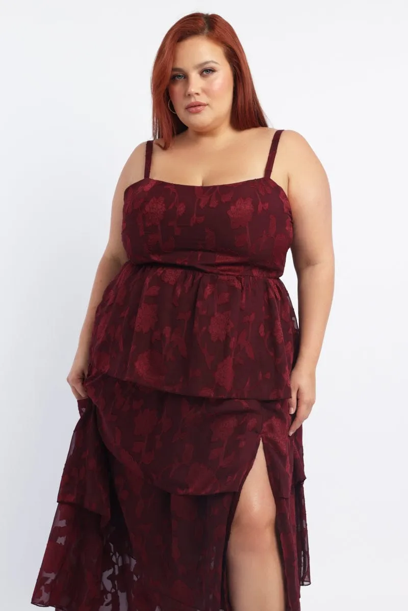 Ball Night Lace Fine Red Midi Dress Sleeveless Tiered Jacquard