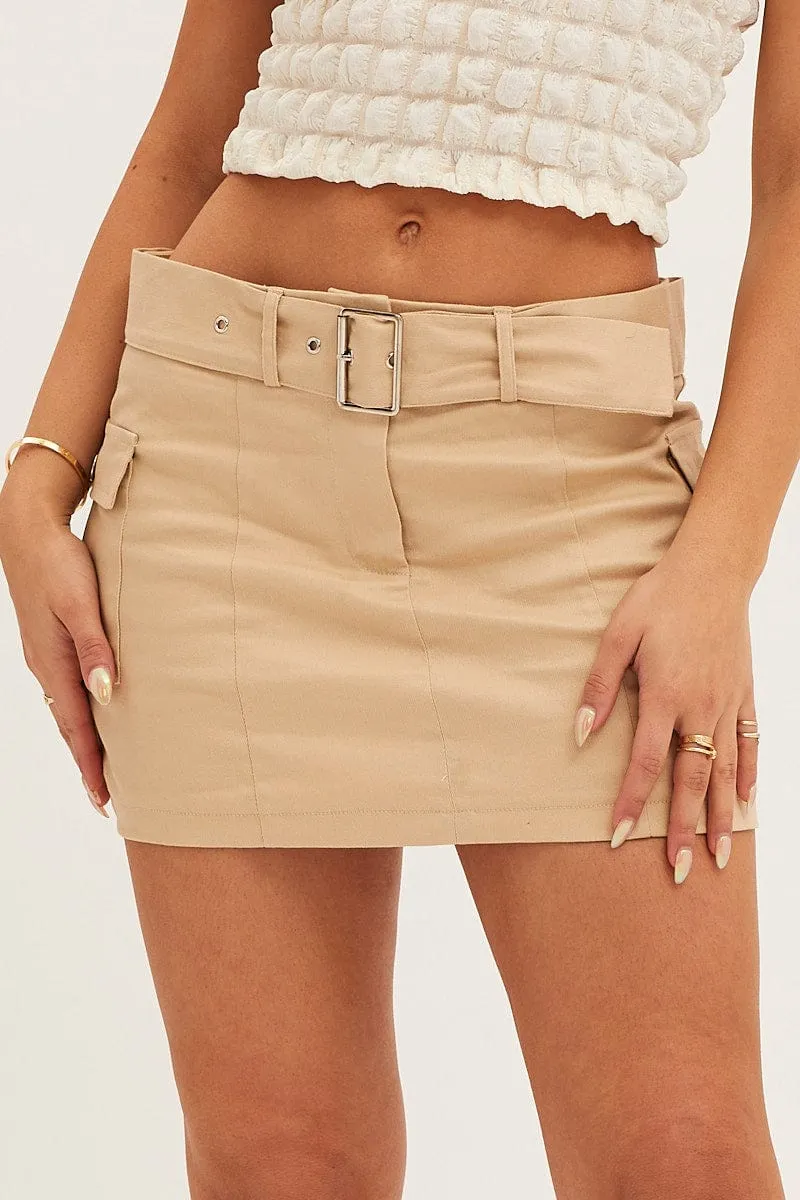 Performance Fashion Lightweight texture Beige Mid Rise Belted Cargo Mini Skirt