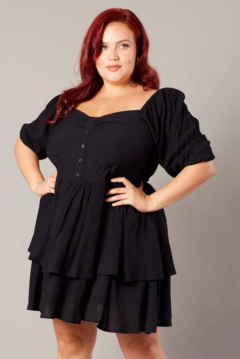 Sleek fit-and-flare style Black Button Detail Corset Mini Dress