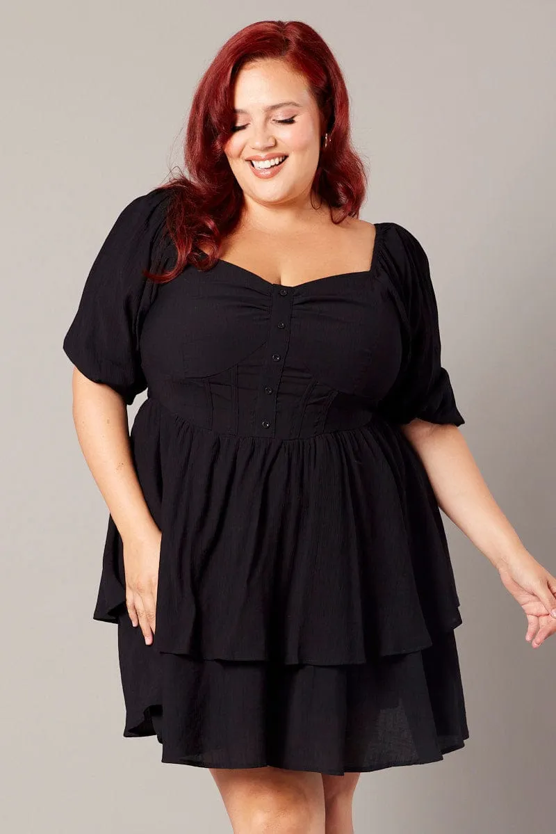 Glow Mode Stretchable Fit Black Button Detail Corset Mini Dress