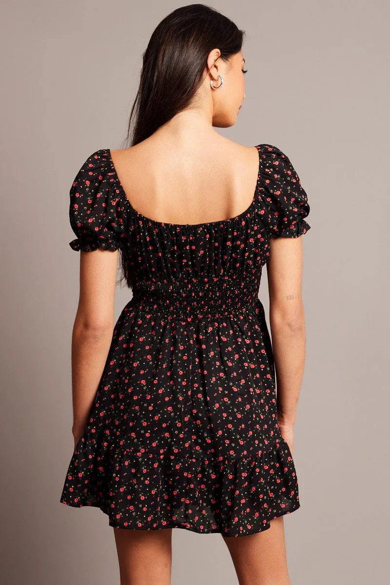 Black Ditsy Fit And Flare Dress Mini Stretchable Fit