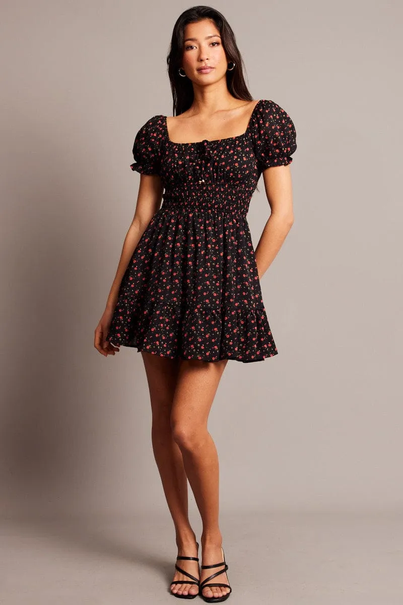 Black Ditsy Fit And Flare Dress Mini Star Pop Edge Star