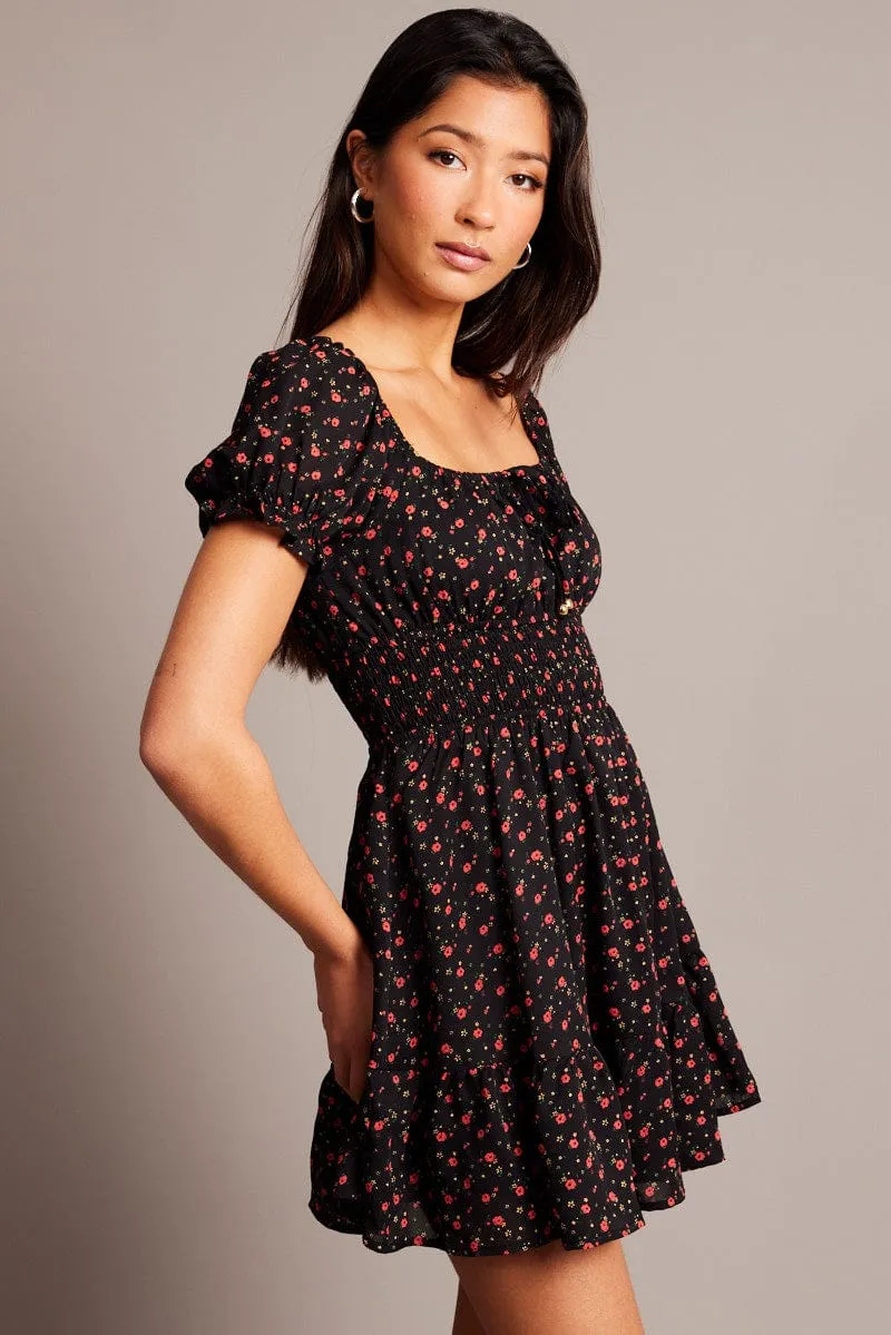 Black Ditsy Fit And Flare Dress Mini Flowy Design