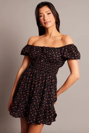 Street Glam Black Ditsy Fit And Flare Dress Mini