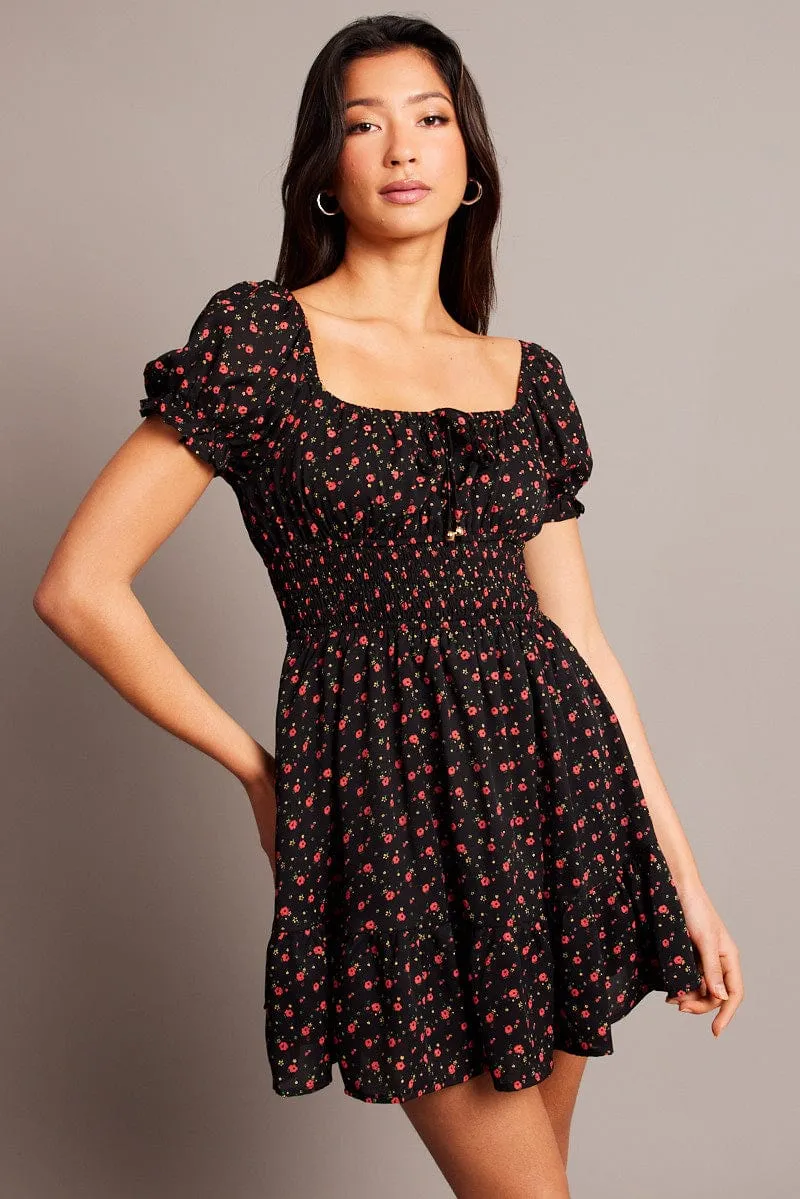 Black Ditsy Fit And Flare Dress Mini Chic Appeal