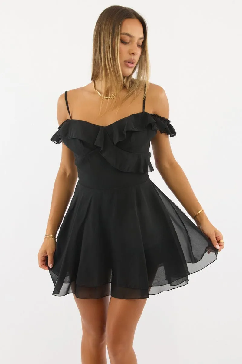 Black Mini Dress Ruffle Detail Chiffon Odor Resistant Finish