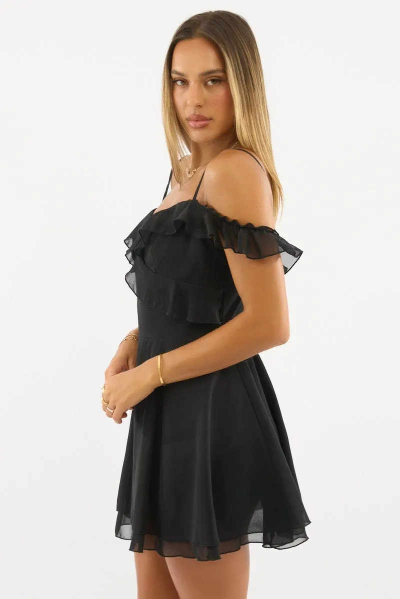 Glow Cool Black Mini Dress Ruffle Detail Chiffon