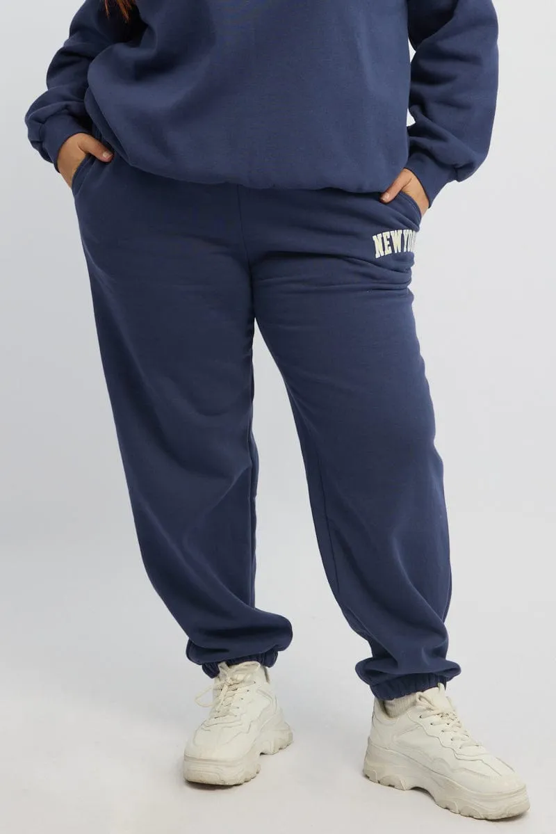 Double Stitched Blue Embroidered Elastic Waist Track Pants