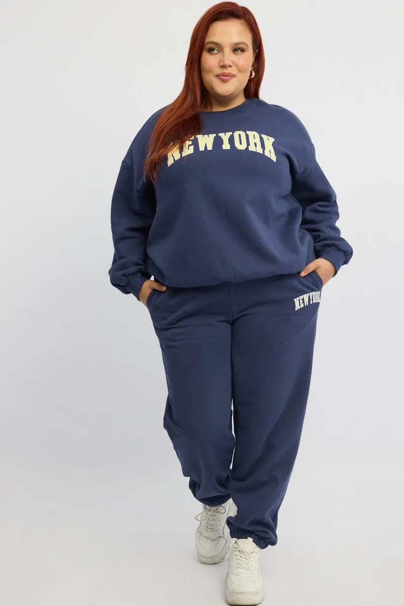 Blue Embroidered Elastic Waist Track Pants Walk Friendly LowProfileWaistband