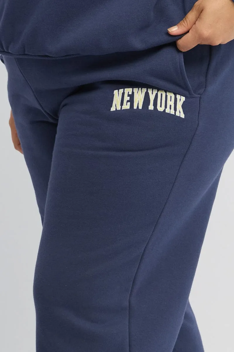 Layered Comfort Blue Embroidered Elastic Waist Track Pants