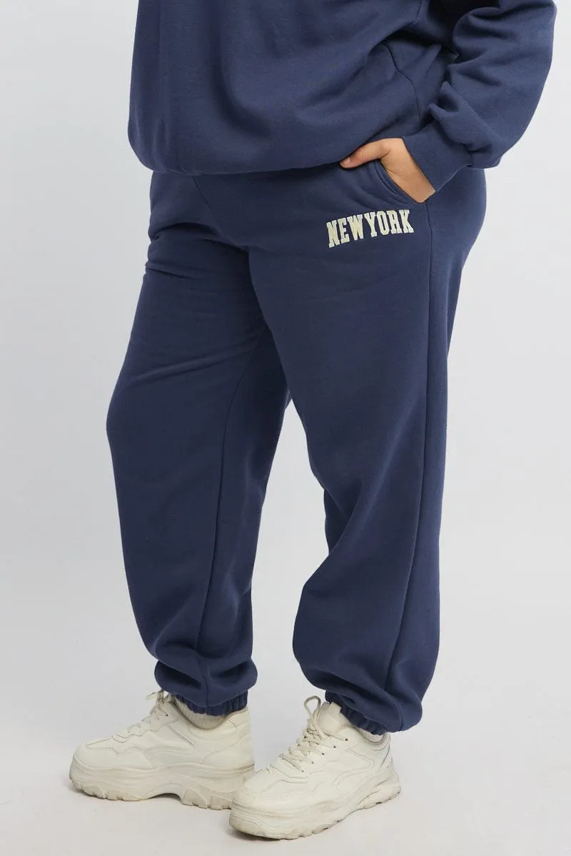 Minimal Vibe BreathableMeshLining Blue Embroidered Elastic Waist Track Pants