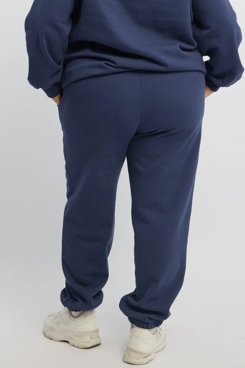 Blue Embroidered Elastic Waist Track Pants stain resistant coating Corduroy texture
