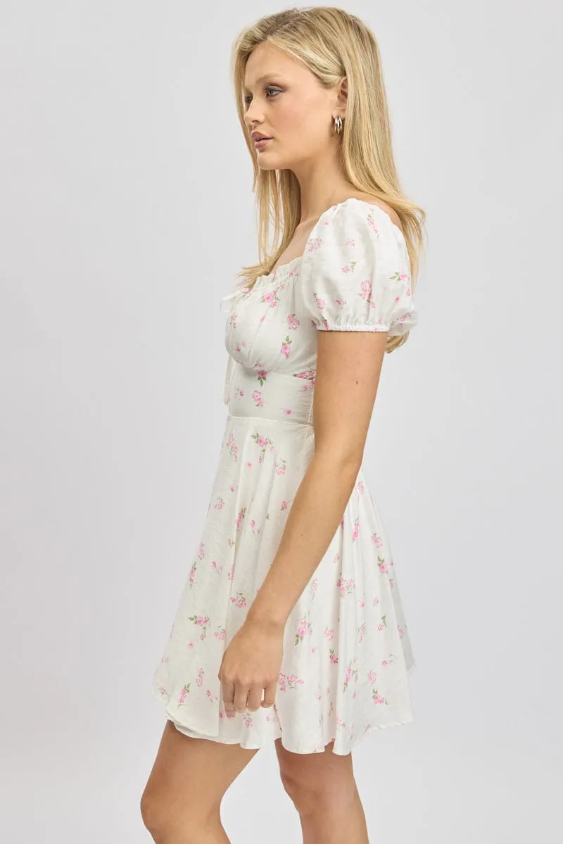 Stretch Fit Design Pink Ditsy Fit And Flare Dress Mini