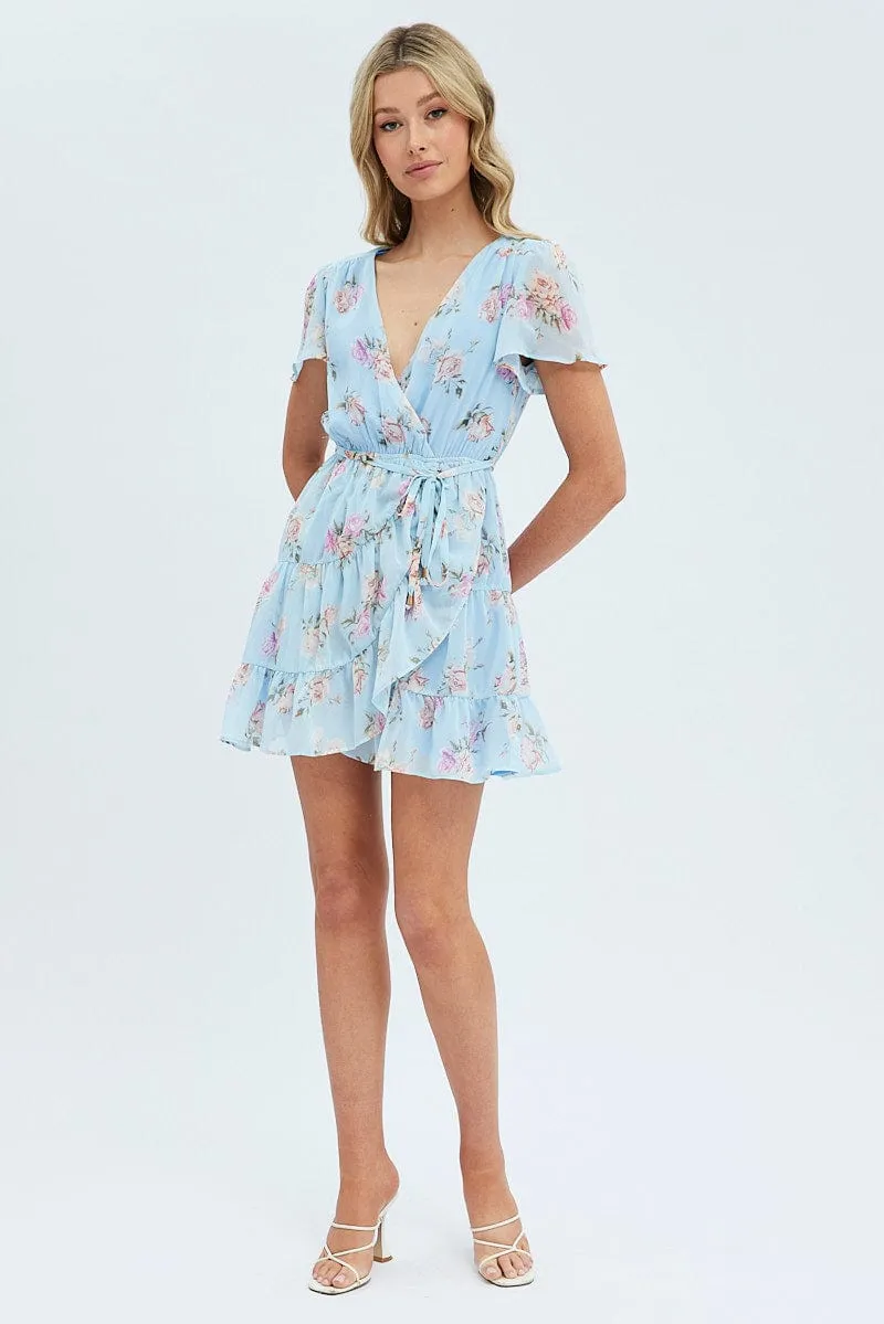ThermalRegulatingFabric Blue Floral Fit And Flare Dress Short Sleeve Wrap Chiffon