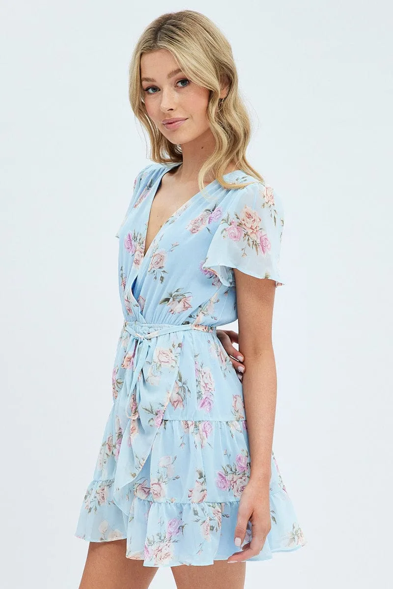 Trans Glow Blue Floral Fit And Flare Dress Short Sleeve Wrap Chiffon