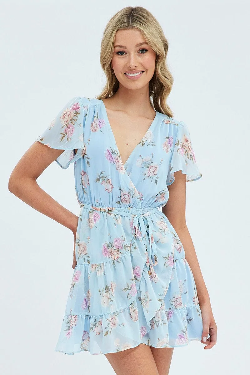 Country Core Blue Floral Fit And Flare Dress Short Sleeve Wrap Chiffon