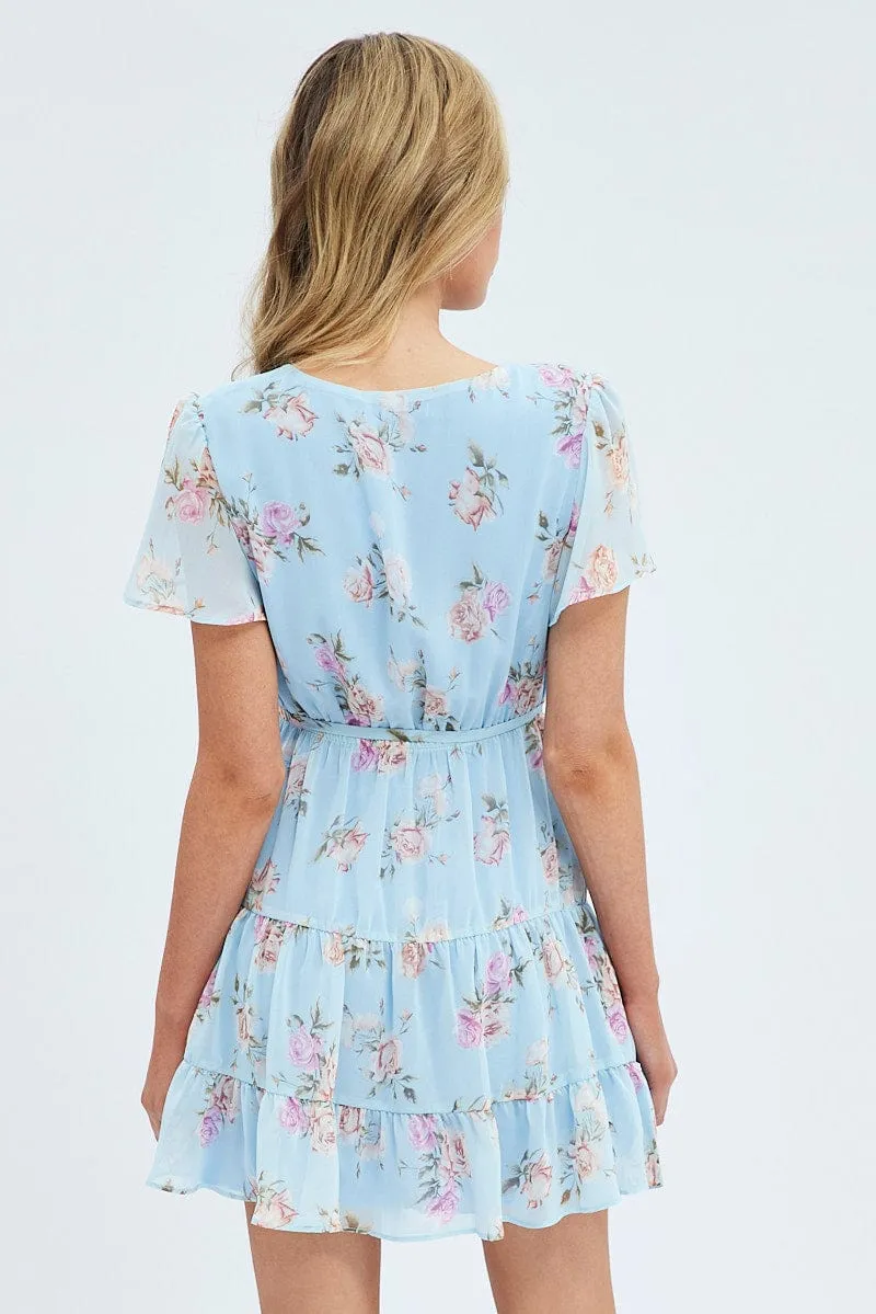 Chic Jacket CompressionEnhanced Fit Blue Floral Fit And Flare Dress Short Sleeve Wrap Chiffon