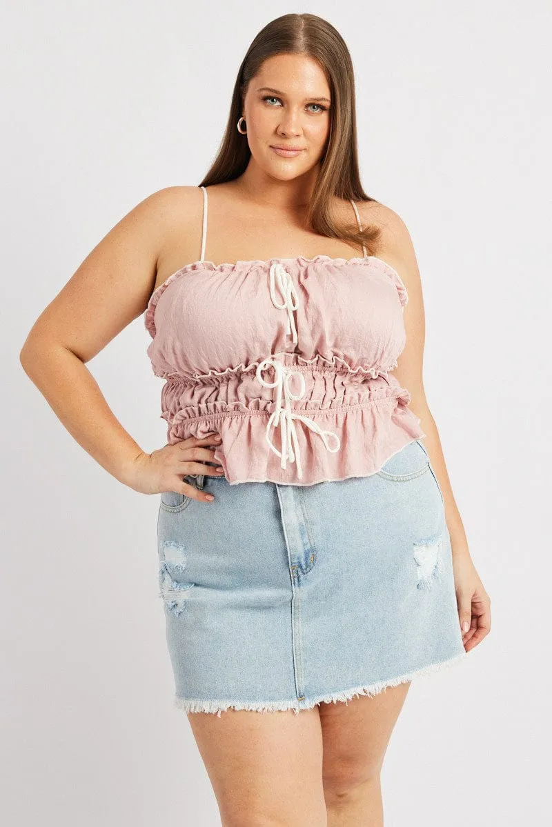 Leather Core Joy Mood Pink Tiered Cami Top Sleeveless Front Ribbon