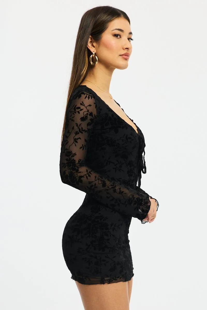 Playful Chic Chic Silhouette Black Bodycon Dress Mini Long Sleeve Burnout