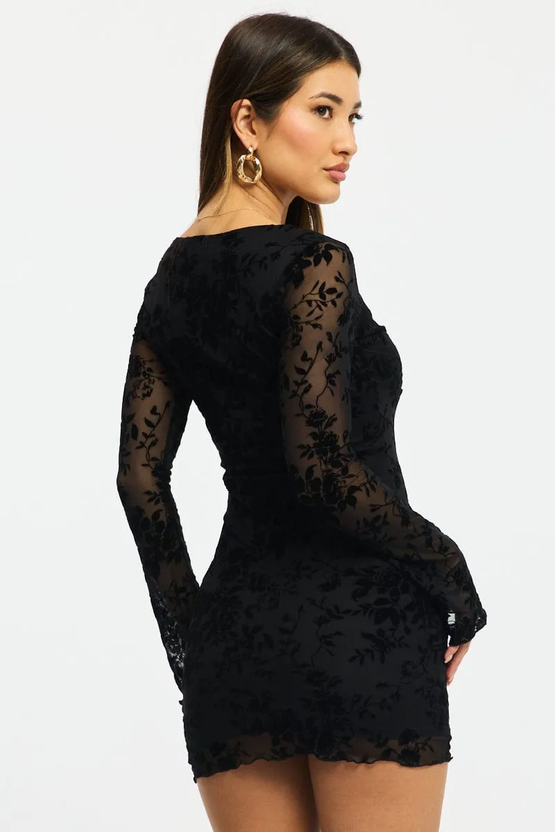 Romantic Vibes Black Bodycon Dress Mini Long Sleeve Burnout