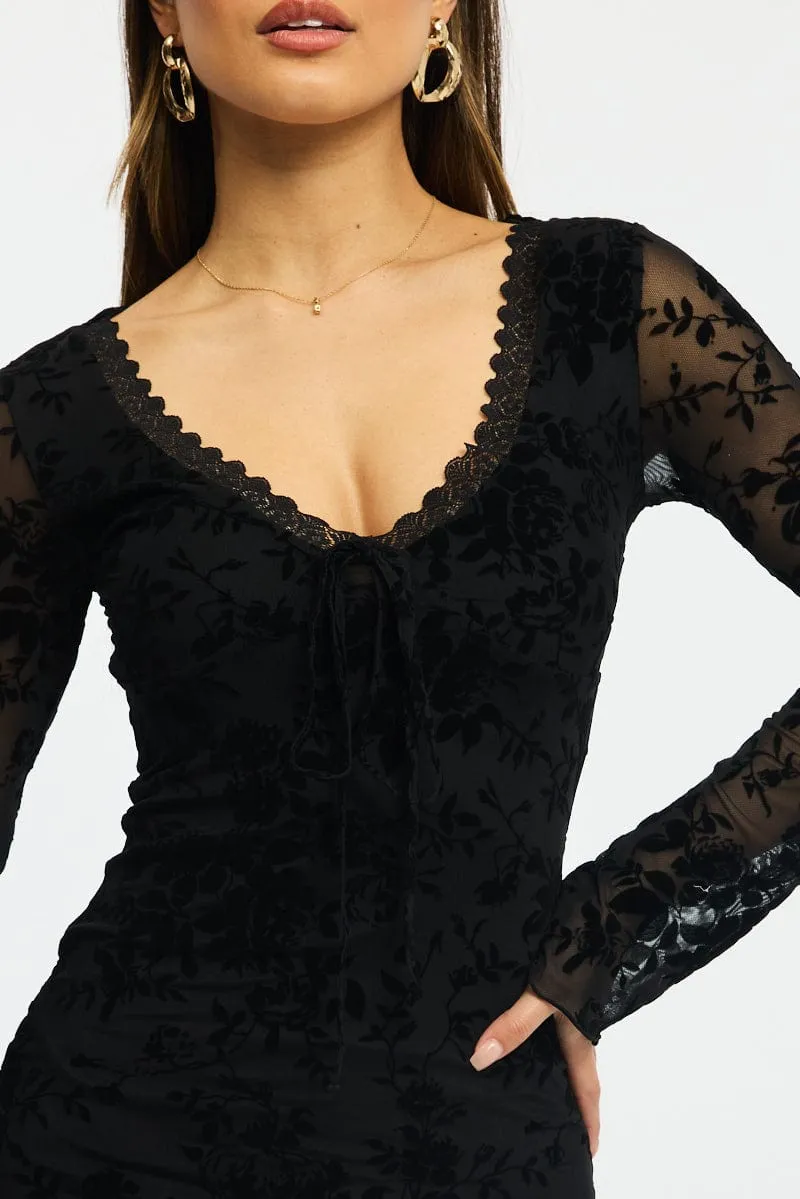 Heat Beat Glow Soft Black Bodycon Dress Mini Long Sleeve Burnout