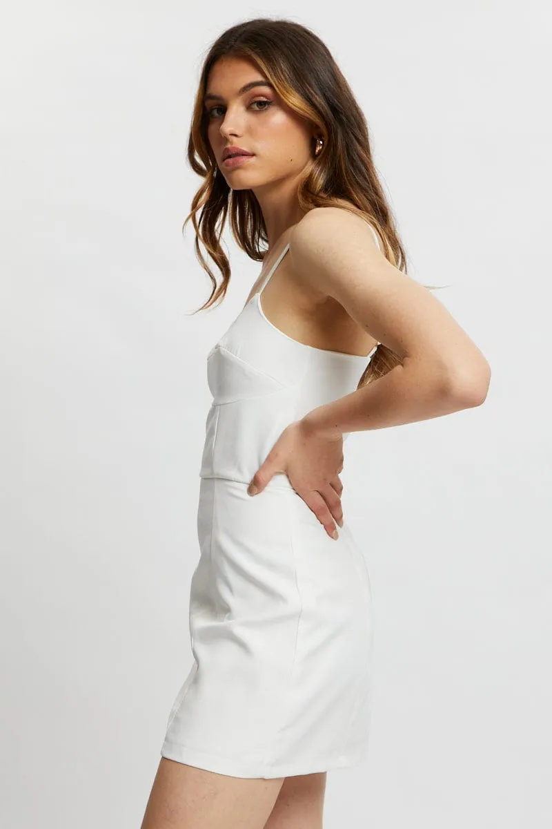 Elasticized Waistband White Designer Panel Detail Mini Dress
