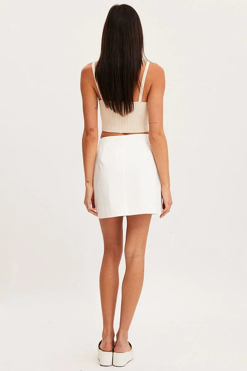Refined Texture White Mini Skirt High Rise Button Down