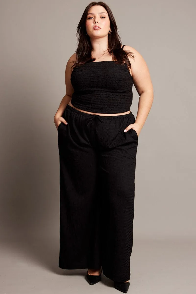 Black Wide Leg Textured Pants FunctionalZipper Casual Design