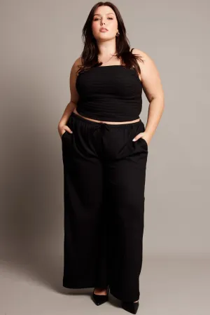 Black Wide Leg Textured Pants FunctionalZipper Casual Design