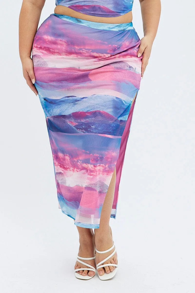 Mid Rise Multi Print Long Skirt Mesh Landscape Print