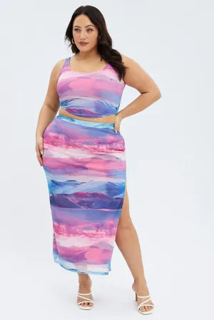 Multi Print Long Skirt Mesh Landscape Print Weekend Vibes