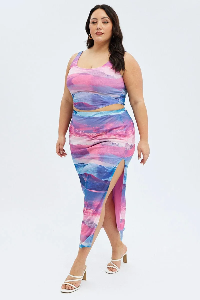 Multi Print Long Skirt Mesh Landscape Print Reinforced Hems Travel Vibes