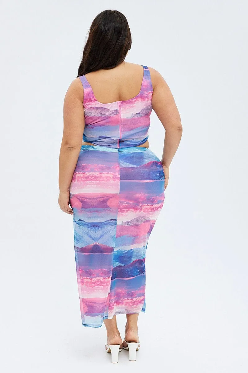 Adjustable Waist Smooth Feel Multi Print Long Skirt Mesh Landscape Print