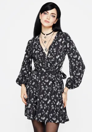 Claricia Long Sleeved Floral Faux Wrap Mini Dress Trendy boho-inspired mini Flexible Knit Structure