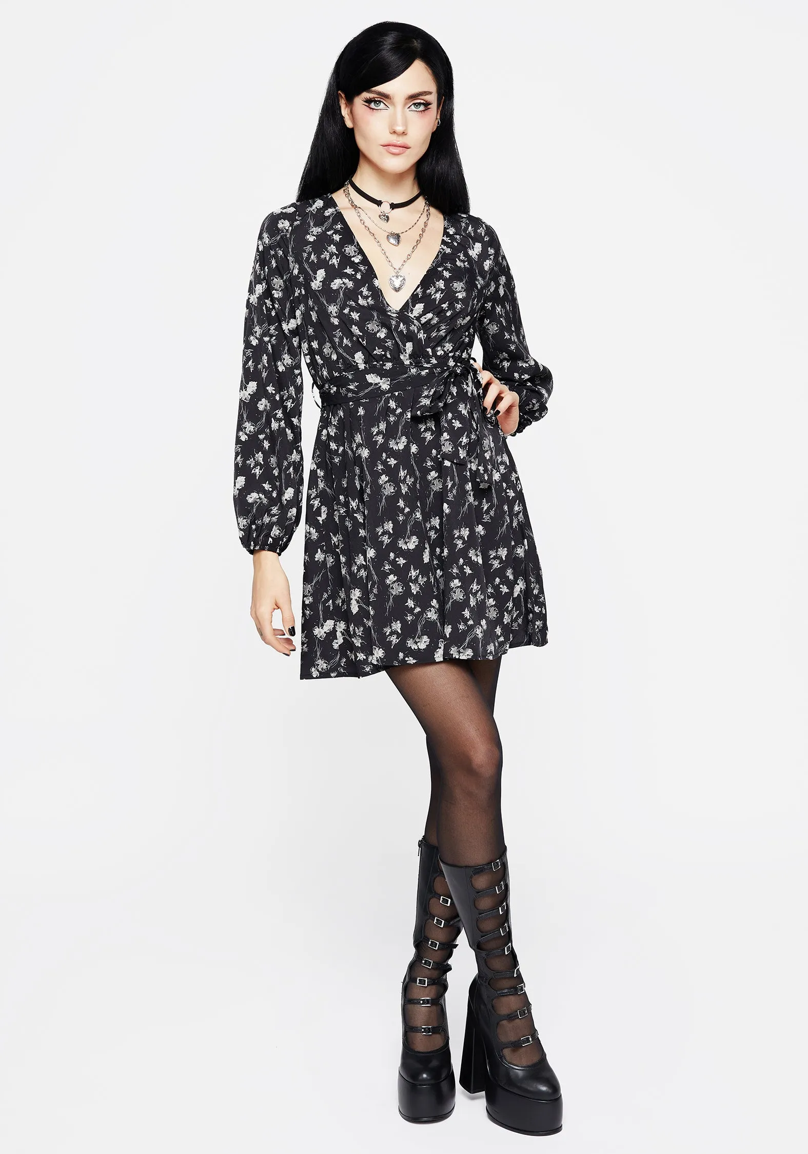 Foldable Design Claricia Long Sleeved Floral Faux Wrap Mini Dress