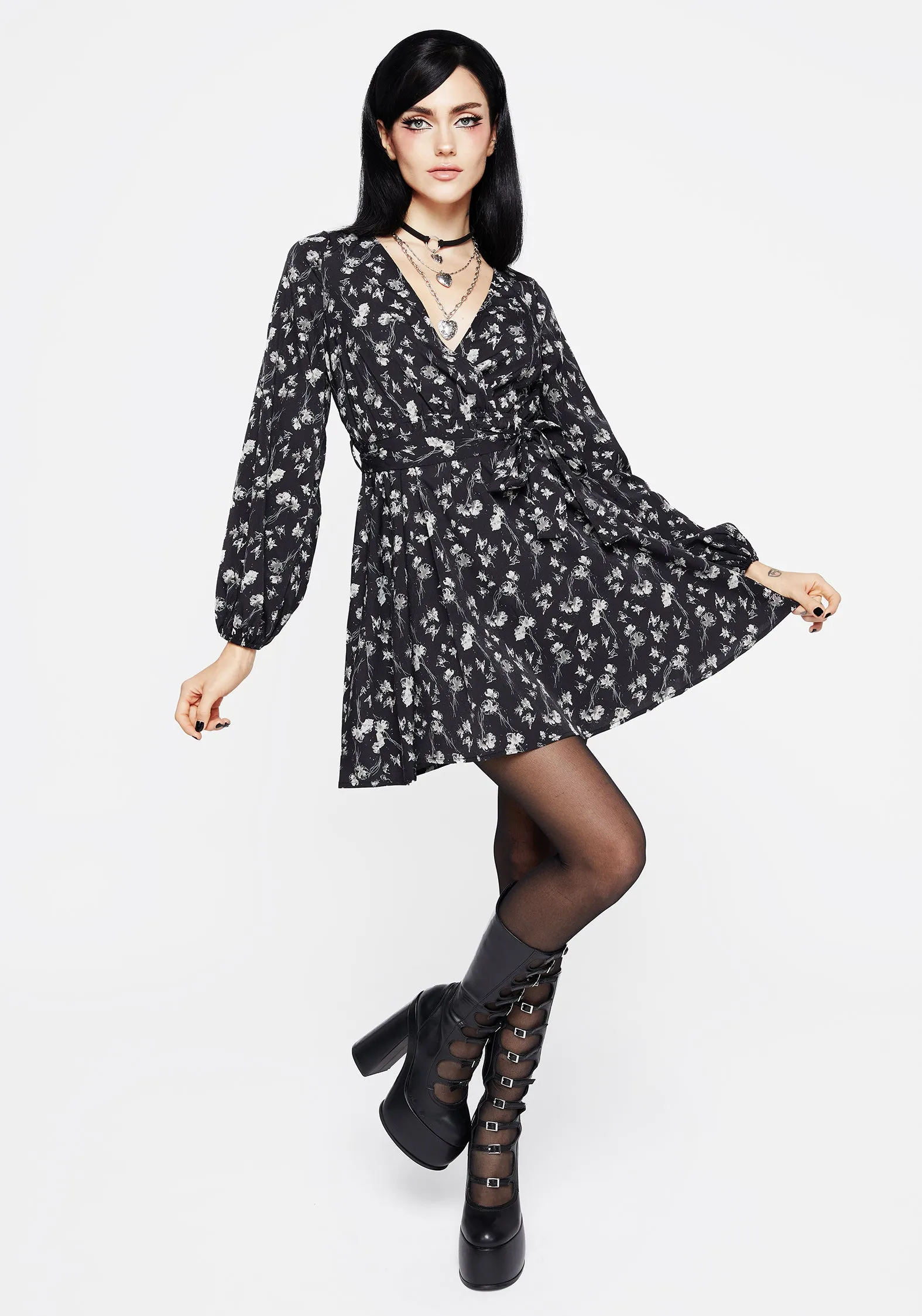 Simple Chic Day-to-evening versatile mini Claricia Long Sleeved Floral Faux Wrap Mini Dress
