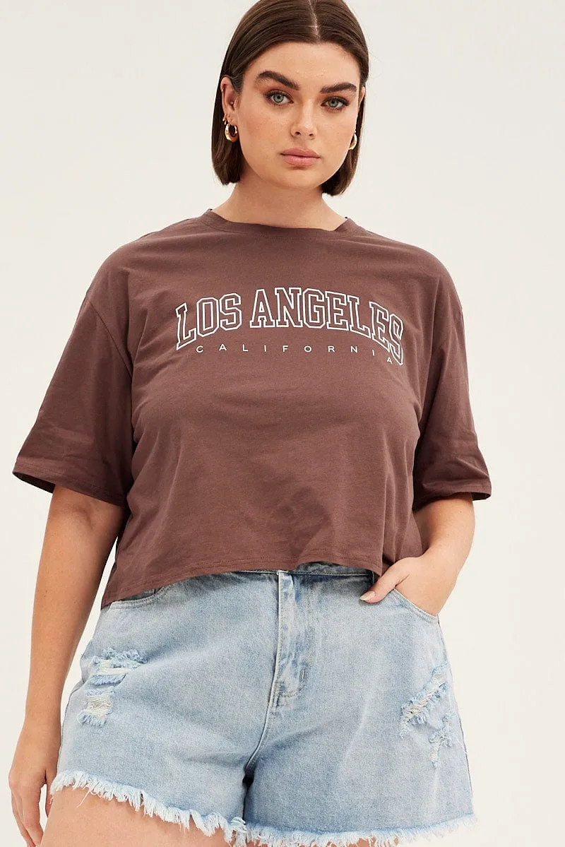 Wide Neck Opening Brown Short Sleeve Los Angeles Crop T-shirt