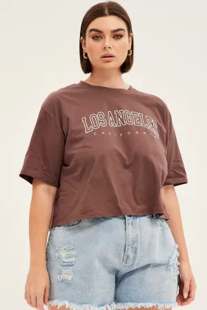 Brown Short Sleeve Los Angeles Crop T-shirt Relaxed and Easy Cozy Look