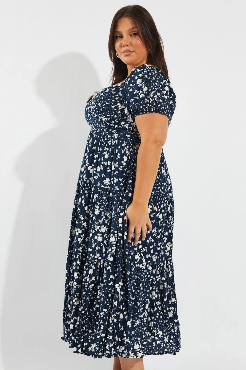 Blue Ditsy Crossover Front Midi Dress Autumn Leaf