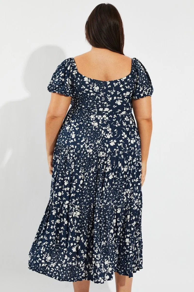 Blue Ditsy Crossover Front Midi Dress Birthday Dinner Work Wear